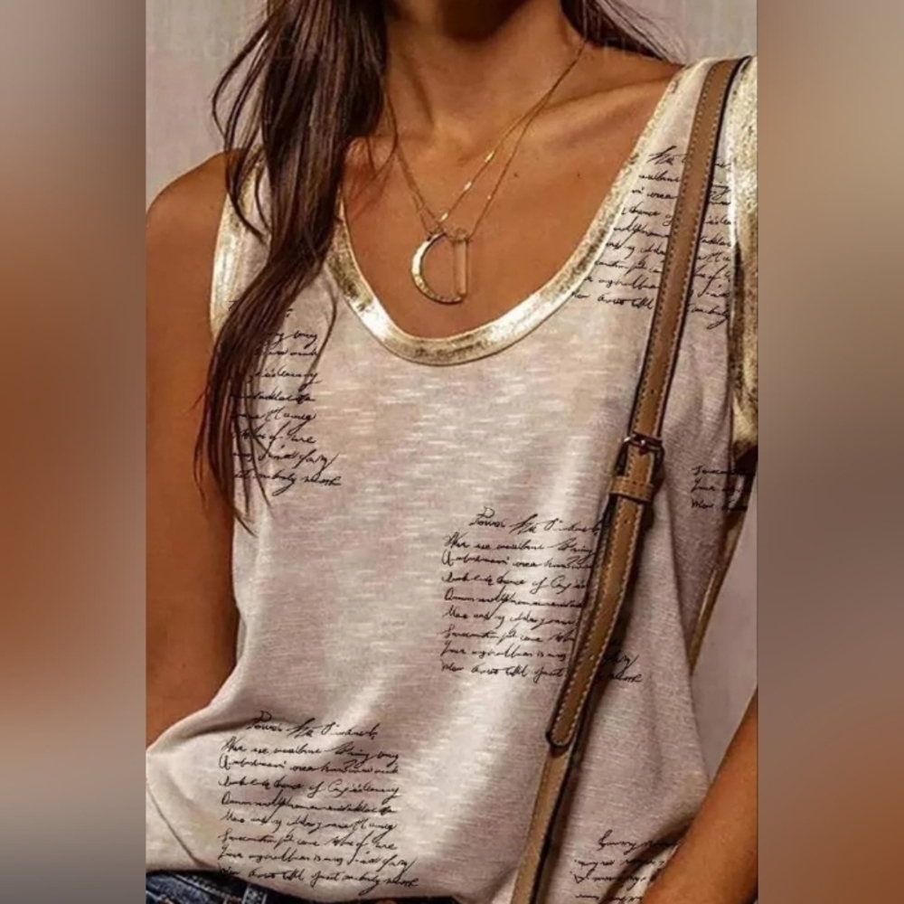 CHICME Khaki Letter Metallic Trim Tank Top Size L